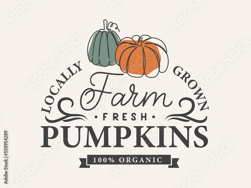 Farm fresh pumpkins vintage sign with one line art pumpkins. Fall retro style typography poster, print or card. Autumn pumpkin vintage logo. Vector illustration. Pumpkin patch sign or label design.