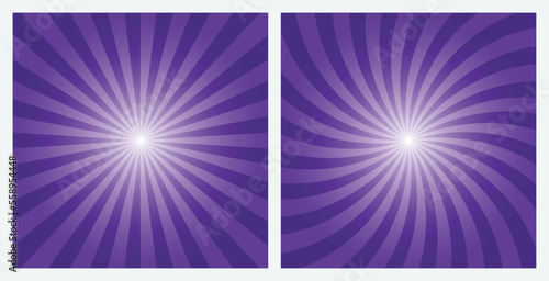 Indigo Purple rays background. Deep Purple sunburst pattern background set. Radial and swirl retro style background  in pop art style.