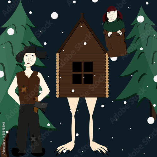 A character in a Russian folk tale. An old man in a hat with earflaps and an axe in his pocket. A card with Baba yaga and a hut on chicken legs in the night winter forest.