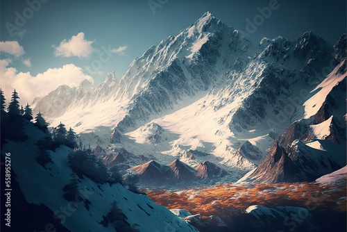 a painting of a mountain range with snow and trees on it's sides and a blue sky with clouds above it and a few clouds above it.
