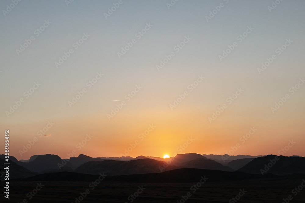 Sunset at the Wadi Rum desert landscape in Jordan