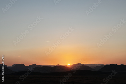 Sunset at the Wadi Rum desert landscape in Jordan