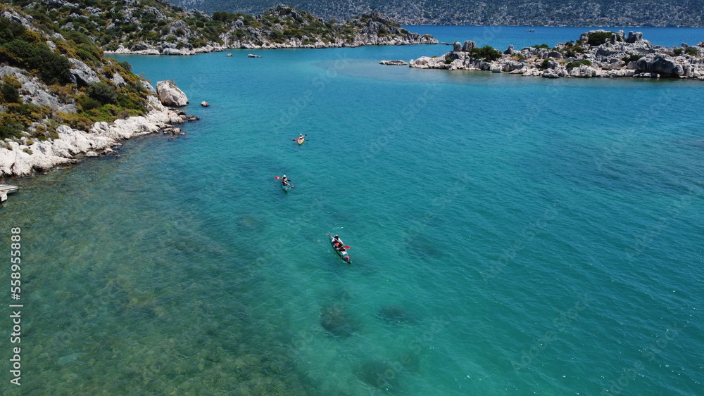 People are kayaking on sea. Kekova, Simena. Antalya 