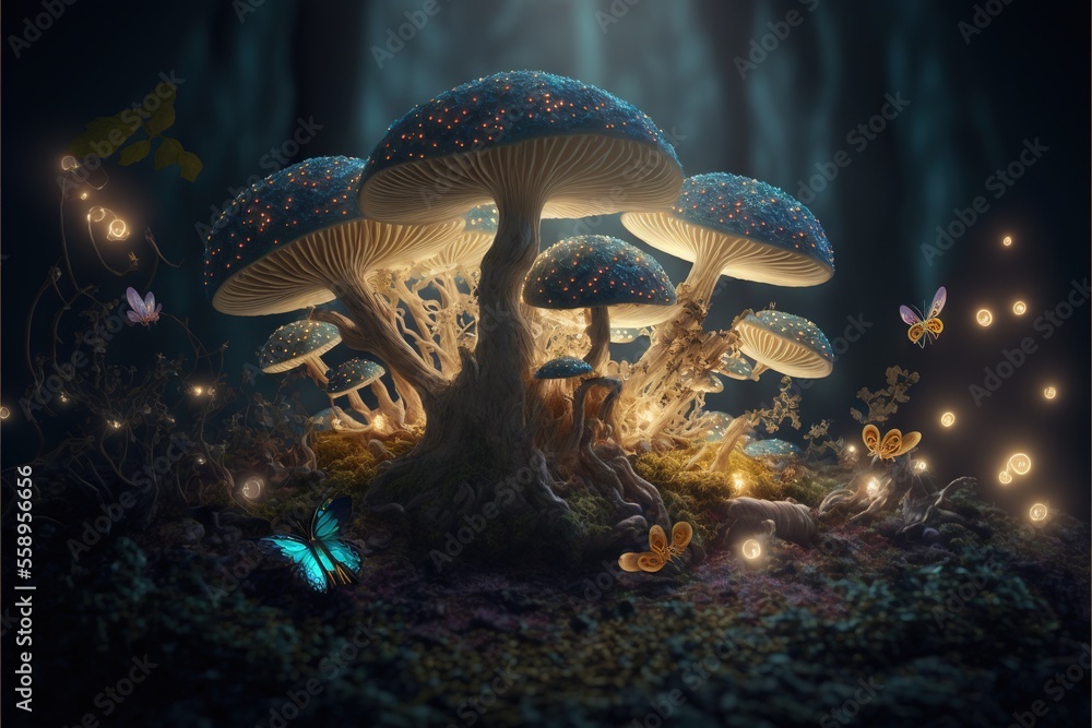 a group of mushrooms with glowing lights in the forest at night time ...