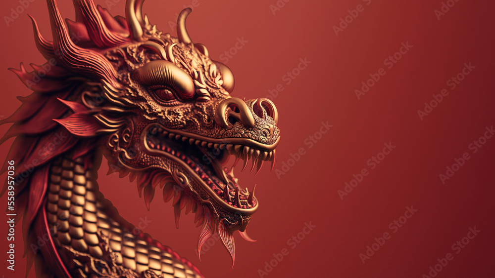 Red background with golden chinese dragon statue celebrating power