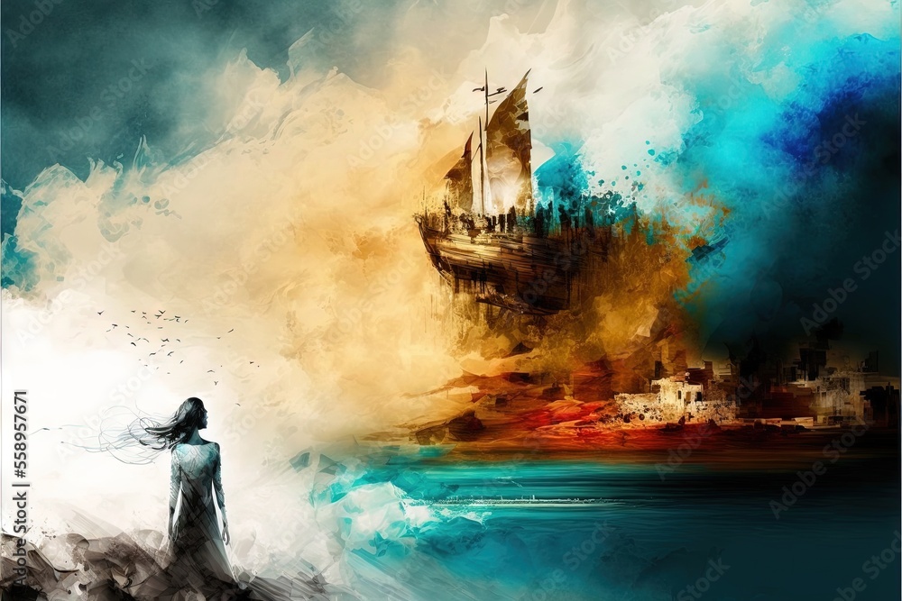 a painting of a woman standing in front of a ship in the ocean with a ...