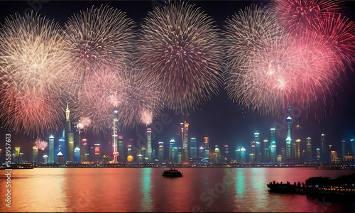 Panorama view of city skyline with fireworks reflections in the water Generative AI photo