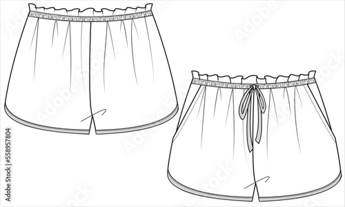 DOLPHIN HEM NIGHTWEAR SHORTS FRONT AND BACK IN VECTOR FILE