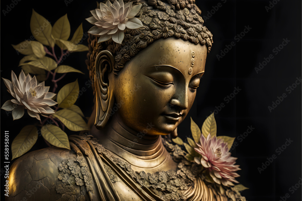golden buddha statue with flower, dark simple background, dark background, simple illustration digital generative ai design art style - obrazy, fototapety, plakaty 
