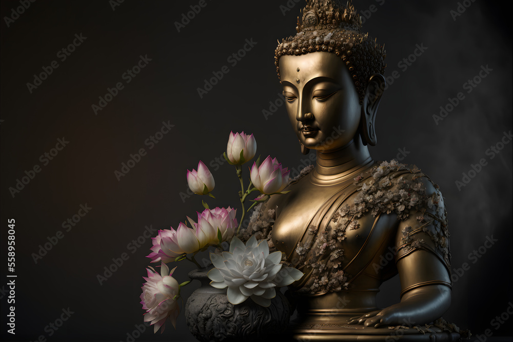 golden buddha statue with flower, dark simple background, dark background, simple illustration digital generative ai design art style