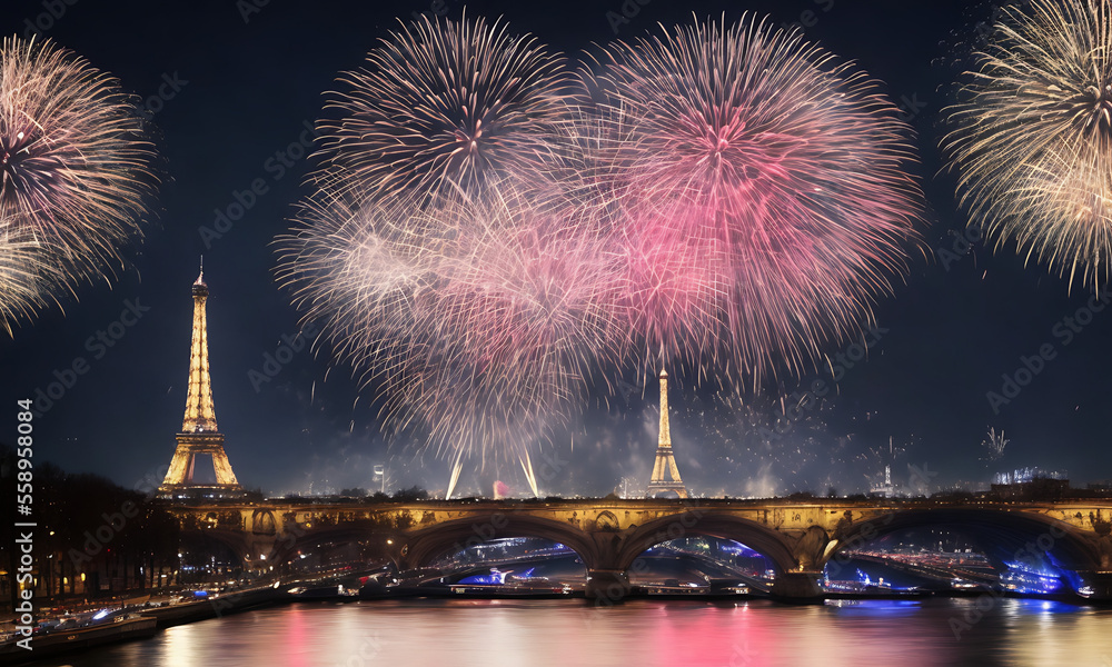 fireworks exploding over a city skyline with reflections in the water, digital render of an city with beautiful new year eve or fourth of july festival fireworks Generative AI