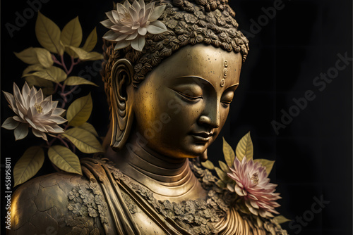 Leinwand Poster golden buddha statue with flower, dark simple background, dark background, simpl