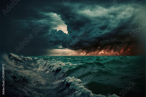 a large storm is coming over the ocean with a boat in the water below it and a red sky above it and a dark blue ocean below it with a wave and a red light at the bottom.
