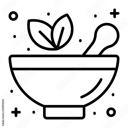 Mortar pestle with herbal leaves denoting herbal medicine