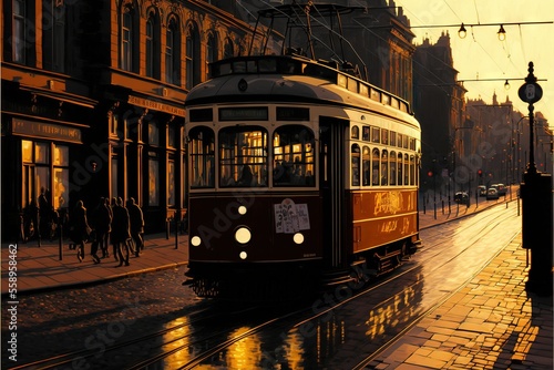 a trolley car is traveling down a city street at sunset or dawn.
