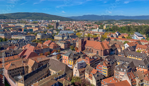 Belfort, France - September 2022: View of the historical part of the city of Belfort from the fortress