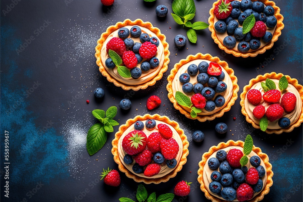a table topped with four tarts covered in fruit and leaves next to a cupcake with berries on top of it and mint leaves on top of the tarts and on the tarts.