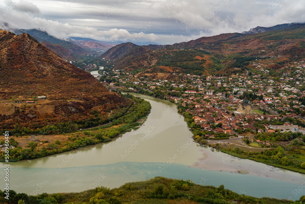 The confluence of the Kura and Aragvi rivers. View from Jvari Monastery, Mtskheta, Georgia