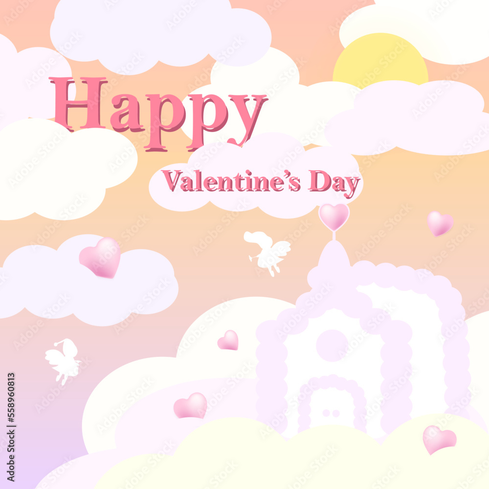 Happy Valentine's Day banner Cloud house floating in the sky. Pastel background, clouds, angel, hearts, sun, vector text.