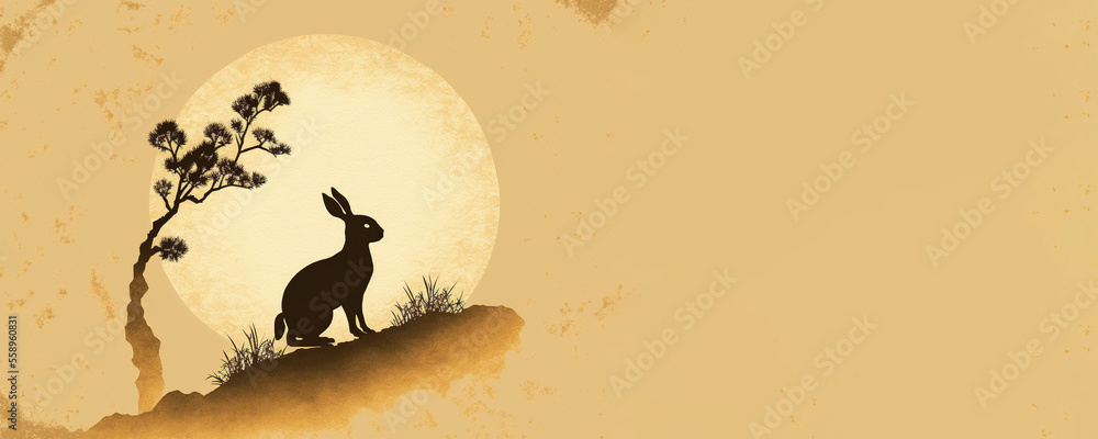 Banner with the silhouette of a rabbit, the water rabbit, chinese new year