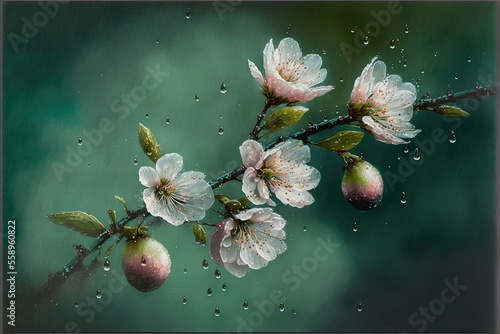 a branch with flowers and leaves with water droplets on it and a green background with a green background and a black frame with a black border with a white border and a Generative AI