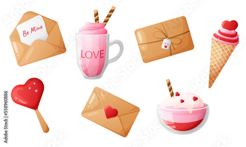 set of elements for valentine's day. illustration with cute ice cream and envelopes.