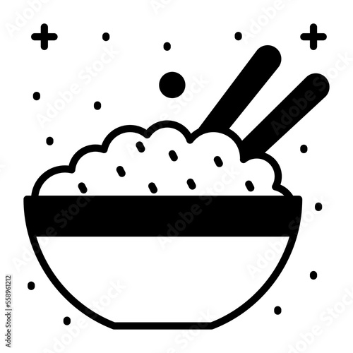 Rice bowl with sticks, vector design of boiled rice
