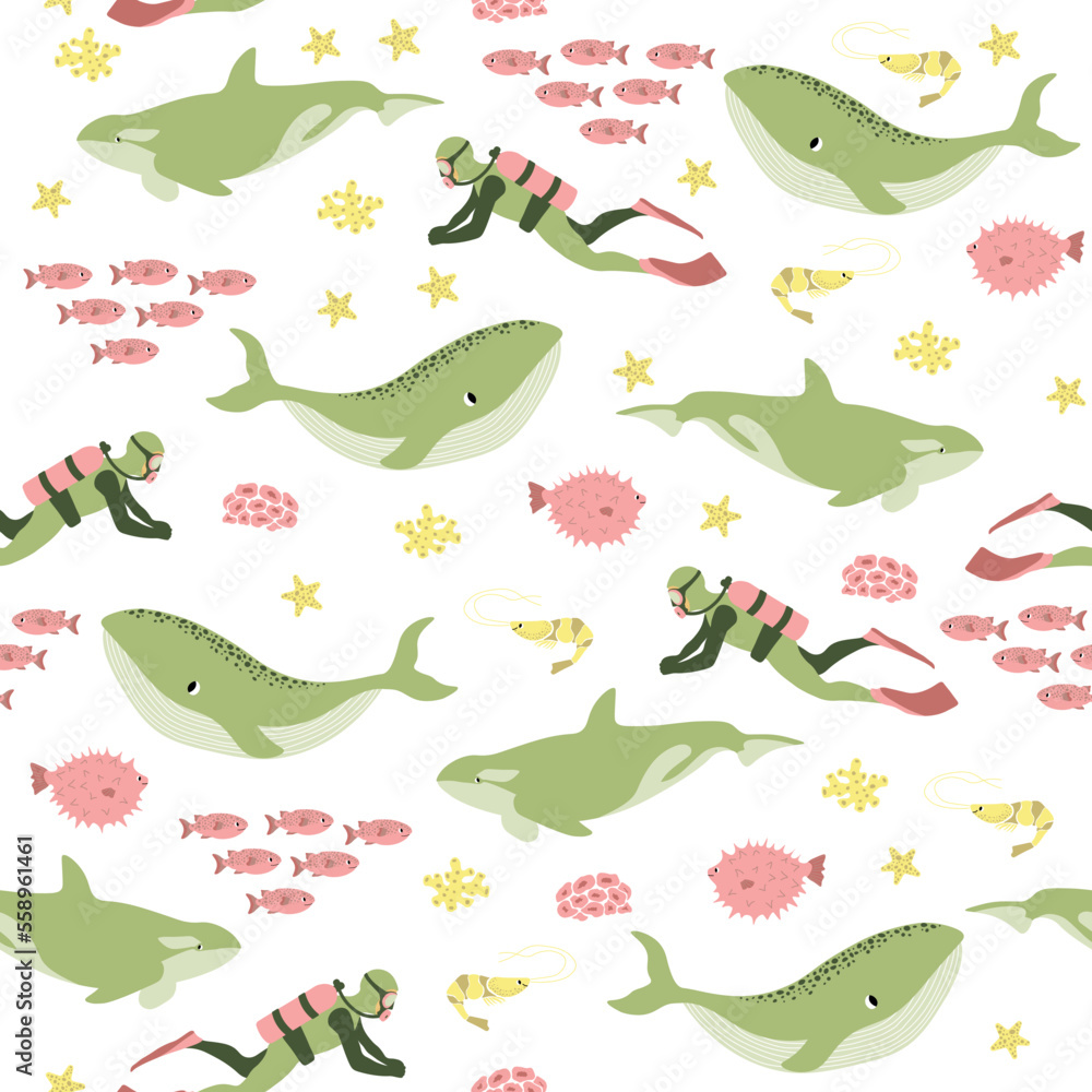 Fototapeta premium Vector seamless pattern with whale, killer whale, diver, shrimp, algae.Underwater cartoon creatures.Marine background.Cute ocean pattern for fabric, childrens clothing,textiles,wrapping paper