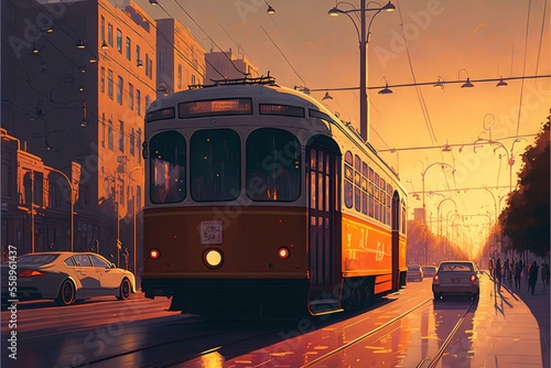 a painting of a trolley on a city street at sunset with cars passing by and a person walking on the sidewalk in the foreground of the picture.