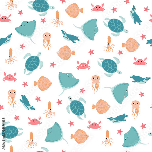 Vector seamless pattern with devilfish,crab,jellyfish,flounder,squid,penguin.Underwater cartoon creatures.Marine background.Cute ocean pattern for fabric, childrens clothing,textiles,wrapping paper