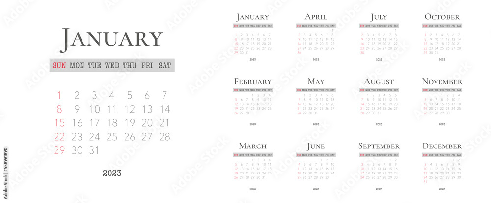 Calendar template for 2023 with week start on Sunday Minimal design, Set of 12 calendar, printing vector calendar, square form, the white background Calendar template for 2023 with week start on Sunday Minimal design, Set of 12 calendar, printing vector calendar, square form, the white background