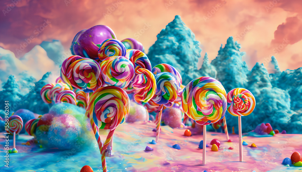 A fairy tale landscape full of lollipops and sweets is a whimsical and fantastical scene. Generative AI