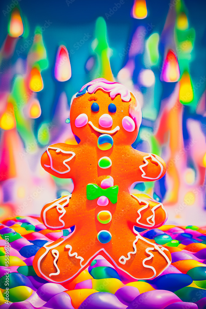 Fototapeta premium A gingerbread amidst a festive, holiday-themed landscape full of sweets adds a playful and charming touch. Generative AI