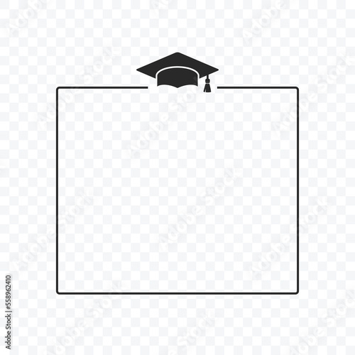 Graduate college, high school or university cap icon isolated on transparent background. Vector degree ceremony hat with line stroke border. Black educational student symbol and blank frame.