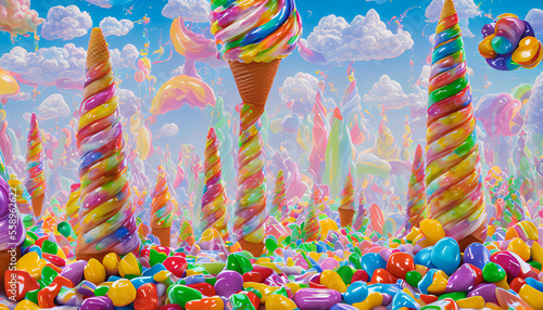 A fairy tale landscape full of ice cream and sweets is a dreamy and delightful scene. Generative AI