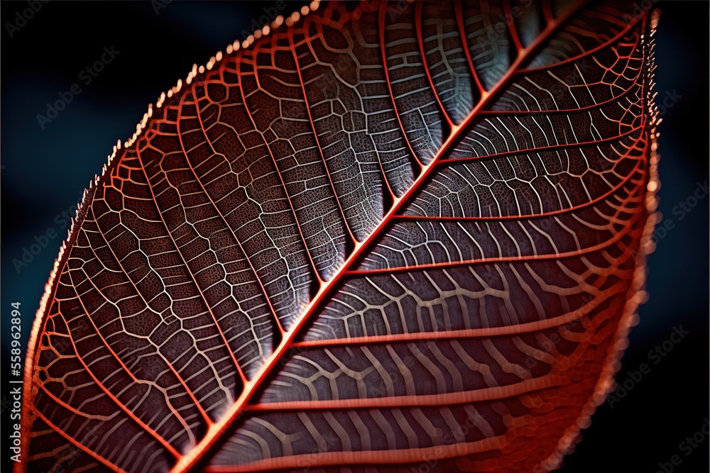 a close up of a leaf with a red light on it's side and a black ...
