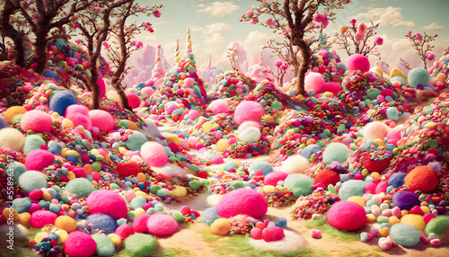 A fairy tale landscape full of sweets  candies  and cotton candy creates a whimsical and fantastical scene. Generative AI