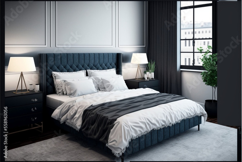 Luxury master bedroom interior with a big large comfortable bed, modern light bedroom with wooden furniture, elegant room interior, stylish bedroom at a residence, an apartment or a hotel