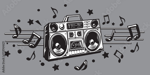 Music design - boom box tape recorder with musical notes