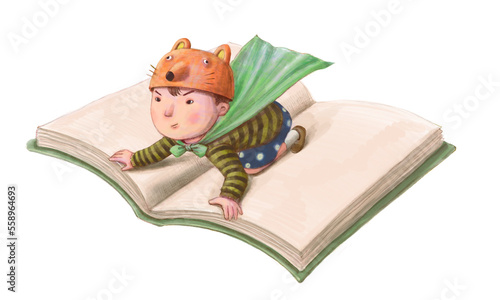 A boy ridind a flying book. Reading, learning and education concept. kid watercolor painting illustration, dream of child.