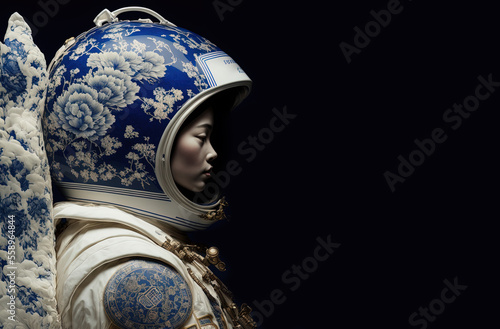 Woman in an Astronaut Suit Created from Blue Porcelain. Generative AI, non-existent person.