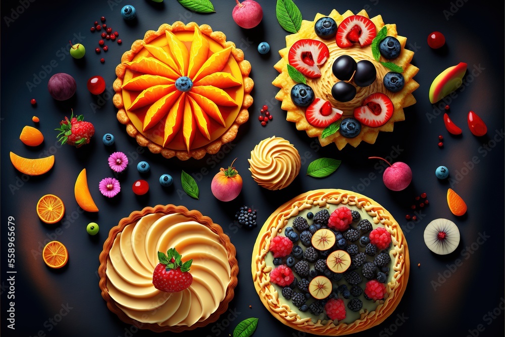 a variety of fruit pies and pies on a table with fruit on top of them and a pie with a flower on top of the pie is surrounded by other fruit and leaves and berries on the table top a variety of fruit pies and pies on a table with fruit on top of them and a pie with a flower on top of the pie is surrounded by other fruit and leaves and berries on the table top