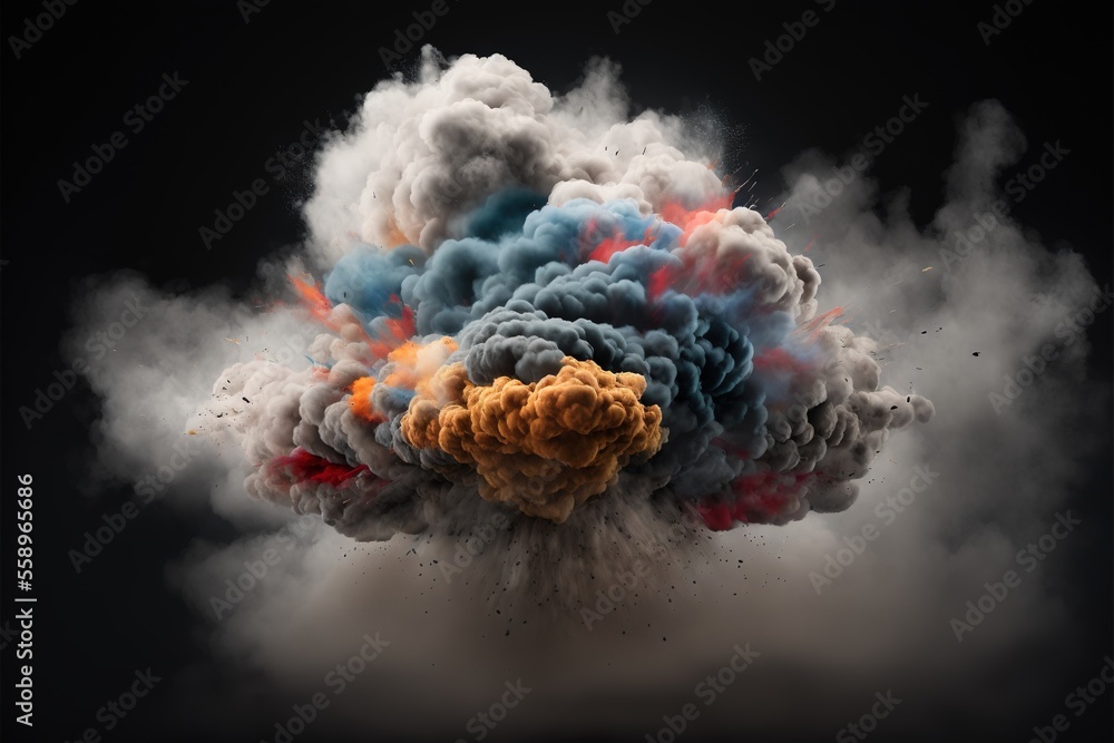 a cloud of smoke with a black background and a yellow and red cloud in