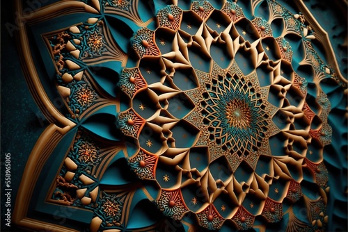 a large intricate design on a blue background with a gold center and a star in the center of the design.