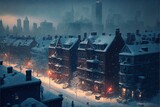 a city street covered in snow with buildings and lights on it's sides and a few cars parked on the street in front of the buildings and a lot of the buildings with snow