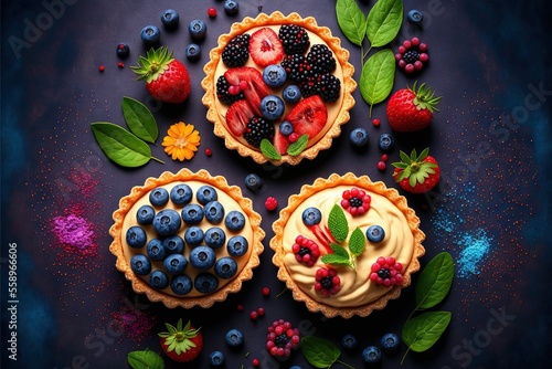 three pies with fresh fruit on top of them on a table with leaves and flowers around them on a dark surface with blue and pink and purple colors.