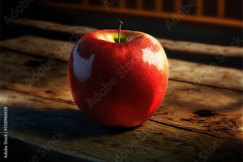  a red apple sitting on top of a wooden table next to a window sill and a bench in the background with a shadow of the apple on the table and off the ground,. Generative AI photo