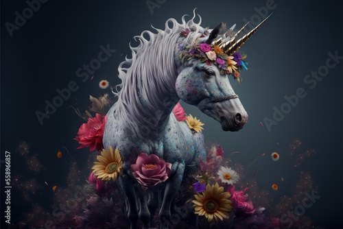 Canvastavla a unicorn with a flower crown on its head standing in a field of flowers and daisies with a dark background with a black background with a black background with a white unicorn with a