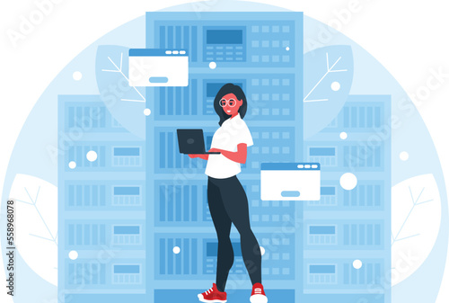 Female programmer holding a laptop on a background with servers. Woman standing with laptop. Big data. Data science concept. Vector graphics
