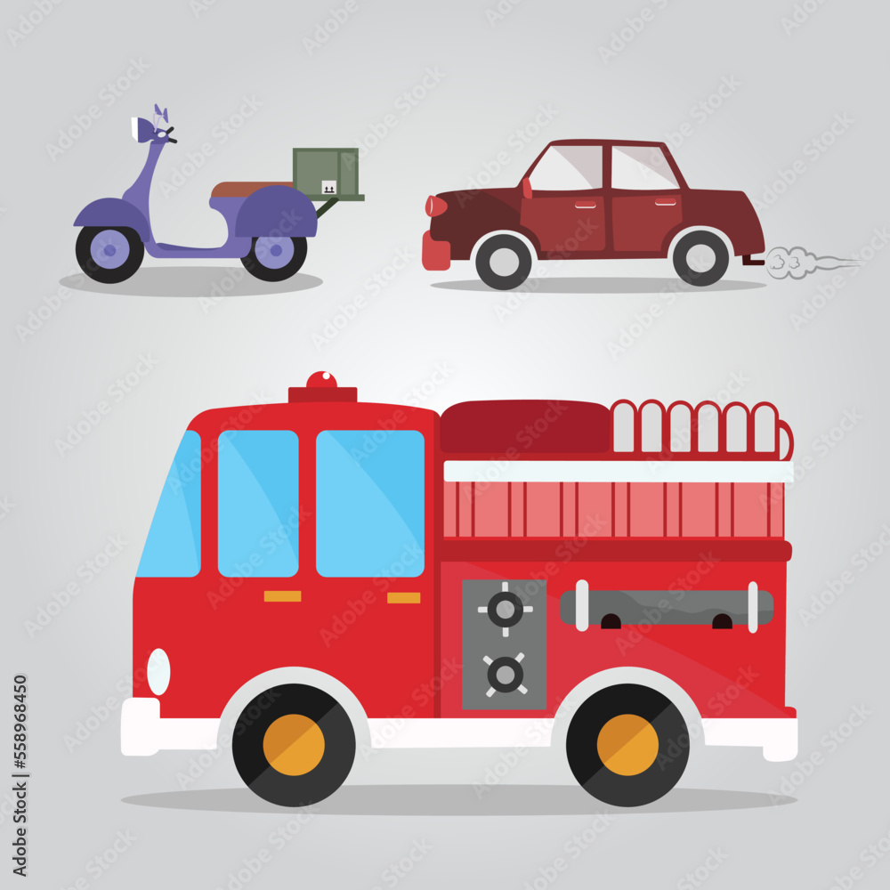 set of vehicles fire truck, delivery bike, and car